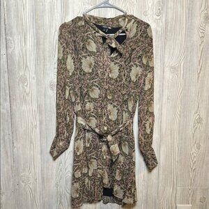 Paige Womens Vittoria Tan Silk Floral Print Neck Tie Mini Dress Small 100% silk
